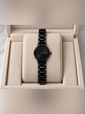 Skagen Black Ceramic Women's Watch - Glossy Minimalist Timepiece